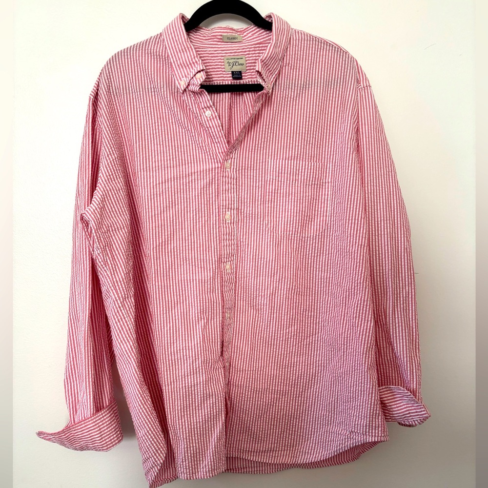 J. Crew Men's XXl Brick Red / Pinkish Striped Seersucker Button Down shirt